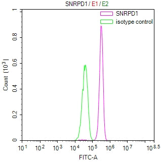 Overlay Peak curve showing Hela cells stained with RAC07931 (red line) at 1:100. Then 10% normal goat serum was Incubated to block non-specific protein-protein interactions followed by the antibody (1ug/1*106cells) for 45 min at 4Â°C. The secondary antibody used was FITC-conjugated Goat Anti-Mouse IgG(H+L) at 1/200 dilution for 35 min at 4Â°C. Isotype control antibody (green line) was mouse IgG1 (1ug/1*106cells) used under the same conditions. Acquisition of >10,000 events was performed.