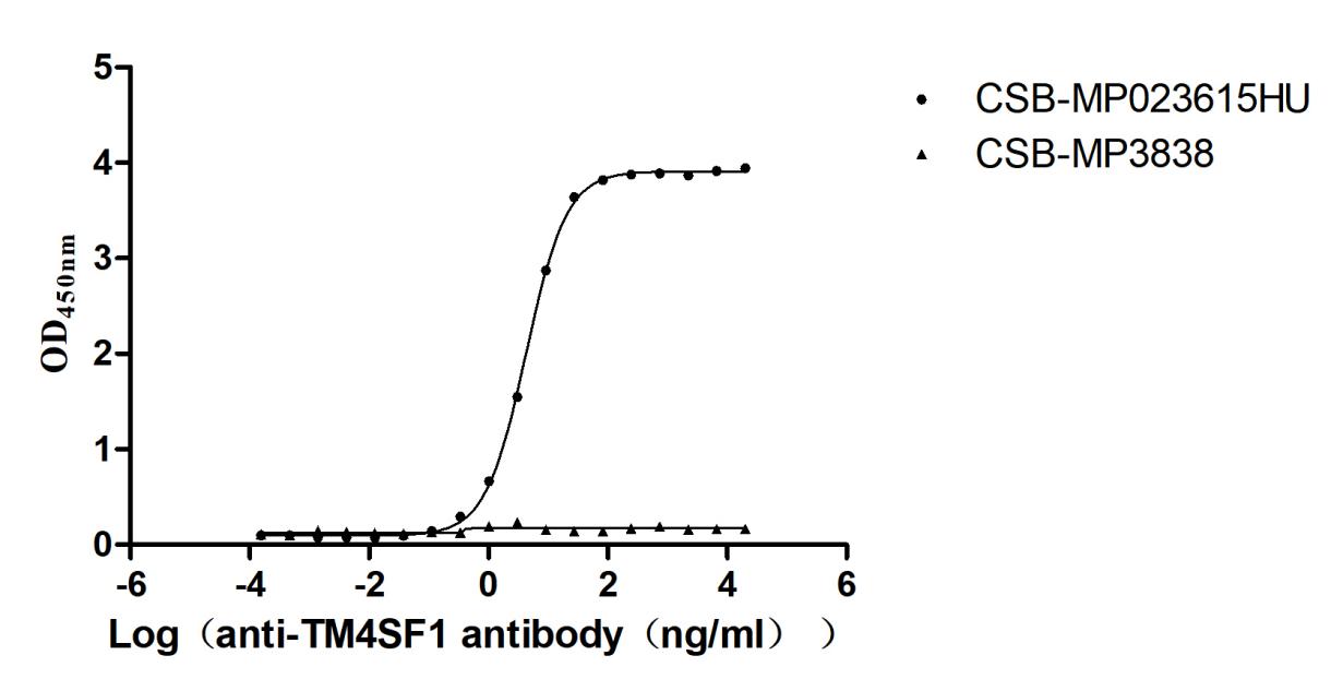 The Binding Activity of Human TM4SF1 with Anti-TM4SF1 recombinant antibody; Activity: Measured by its binding ability in a functional ELISA. Immobilized Human TM4SF1 at 5 ug/ml can bind Anti-TM4SF1 recombinant antibody. the EC50 is 4.079-4.472 ng/ml.; The VLPs is negative control.