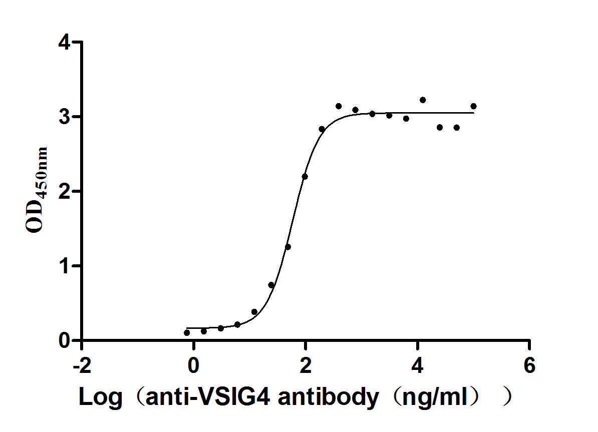 The Binding Activity of VSIG4 with anti-VSIG4 antibody; Activity: Measured by its binding ability in a functional ELISA. Immobilized Human VSIG4 at 2 ug/ml can bind Anti-VSIG4 recombinant antibody, the EC50 is 51.14-68.73 ng/ml.