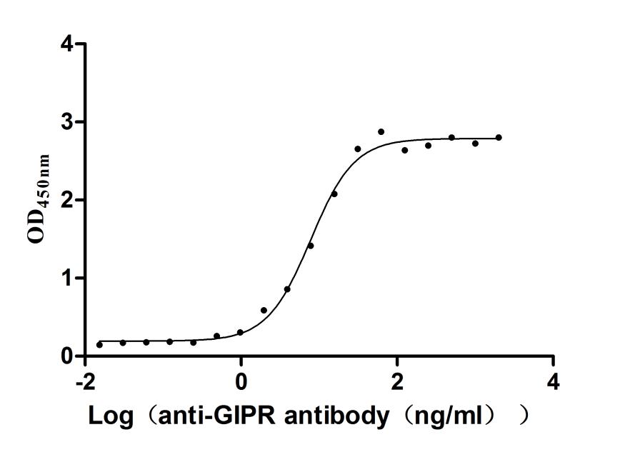 The Binding Activity of Rat Giprwith Anti-Mouse Gipr recombinant antibody; Activity: Measured by its binding ability in a functional ELISA. Immobilized Rat Gipr at 2 ug/ml can bind Anti-Mouse Gipr recombinant antibody, the EC50 is 6.946-8.740 ng/ml.