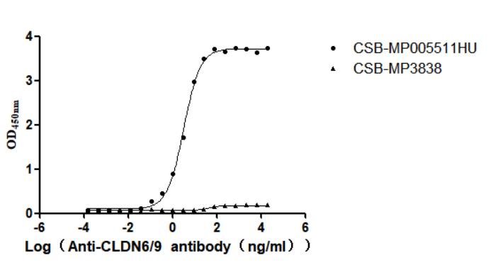 The Binding Activity of Human CLDN6 with Anti-CLDN6-9 recombinant antibody Activity: Measured by its binding ability in a functional ELISA. Immobilized Human CLDN6-9 at 10 ug/mL can bind Anti-CLDN6-9 recombinant antibody. The EC 50 is 2.876-3.657 ng/mL. The VLPs is negative control.