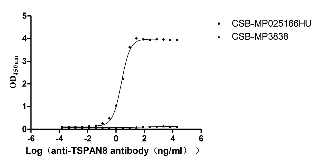 The Binding Activity of TSPAN8 with Anti-TSPAN8 recombinant antibody Activity: Measured by its binding ability in a functional ELISA. Immobilized Human TSPAN8 at 5 ug/mL can bind Anti-TSPAN8 recombinant antibody. The EC 50 is 2.261-2.623 ng/mL., The VLPs is negative control.