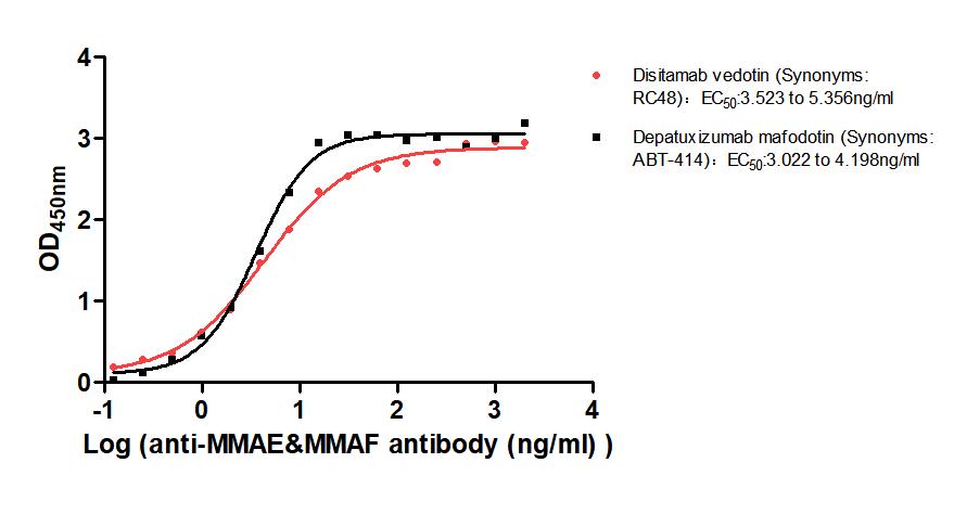 The Binding Activity of Disitamab vedotin (Synonyms: RC48) and Depatuxizumab mafodotin (Synonyms: ABT-414) with Anti-MMAE&MMAF antibody Activity: Measured by its binding ability in a functional ELISA. Immobilized Disitamab vedotin (Synonyms: RC48) and Depatuxizumab mafodotin (Synonyms: ABT-414) at 2 ug/mL can bind Anti-MMAE&MMAF antibody, the EC 50 is 3.523 to 5.356 ng/mL and 3.022 to 4.198 ng/mL, respectively.