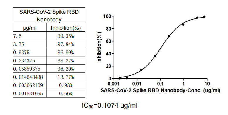 SARS-CoV-2 Spike RBD Nanobody competitively prevented SARS-CoV-2-S1-RBD from binding to ACE2-HRP conjugate. The inhibition efficacy of the SARS-CoV-2-S1-RBD/ACE2 binding was positively proportionally to the SARS-CoV-2 Spike RBD Nanobody concentrations. It showed that this SARS-CoV-2 Spike RBD Nanobody effectively inhibited the SARS-CoV-2-S1-RBD/ACE2 binding. And the IC50 of this SARS-CoV-2 Spike RBD Nanobody is 0.1074 Î¼g/ml.