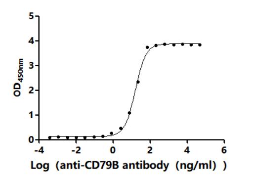The Binding Activity of Human CD79A & CD79B with Anti-CD79B recombinant antibody. Activity: Measured by its binding ability in a functional ELISA. Immobilized Human CD79A & CD79B at 2 Î¼g/mL can bind Anti-CD79B recombinant antibody. The EC50 is 14.85-17.47 ng/mL.