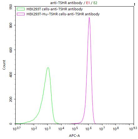 Untransfected HEK293T cells (green line) and transfected Human TSHR HEK293T stable cells (red line) were stained with anti-TSHR antibody (2Âµg/1*10 6 cells), washed and then followed by APC-conjugated anti-Human IgG Fc antibody and analyzed with flow cytometry.