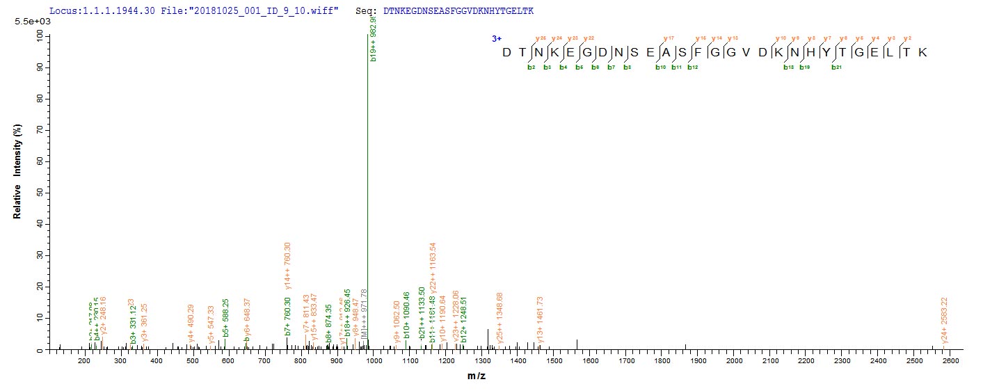 Based on the SEQUEST from database of E.coli host and target protein, the LC-MS/MS Analysis result of RPC25823 could indicate that this peptide derived from E.coli-expressed Neosartorya fumigata (strain ATCC MYA-4609 / Af293 / CBS 101355 / FGSC A1100) (Aspergillus fumigatus) pep2.