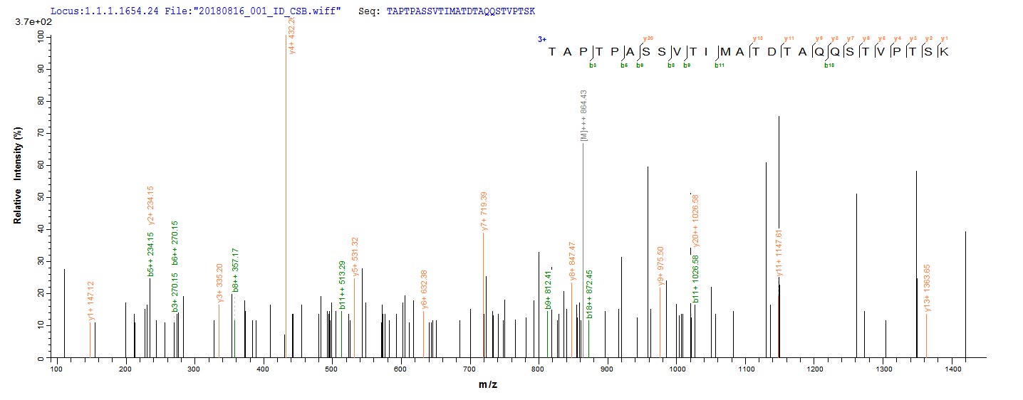 Based on the SEQUEST from database of E.coli host and target protein, the LC-MS/MS Analysis result of RPC25871 could indicate that this peptide derived from E.coli-expressed Homo sapiens (Human) PODXL.