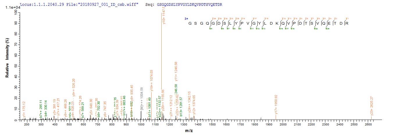 Based on the SEQUEST from database of E.coli host and target protein, the LC-MS/MS Analysis result of RPC26461 could indicate that this peptide derived from E.coli-expressed Recombinant Human ER membrane protein complex subunit 4(EMC4) EMC4.