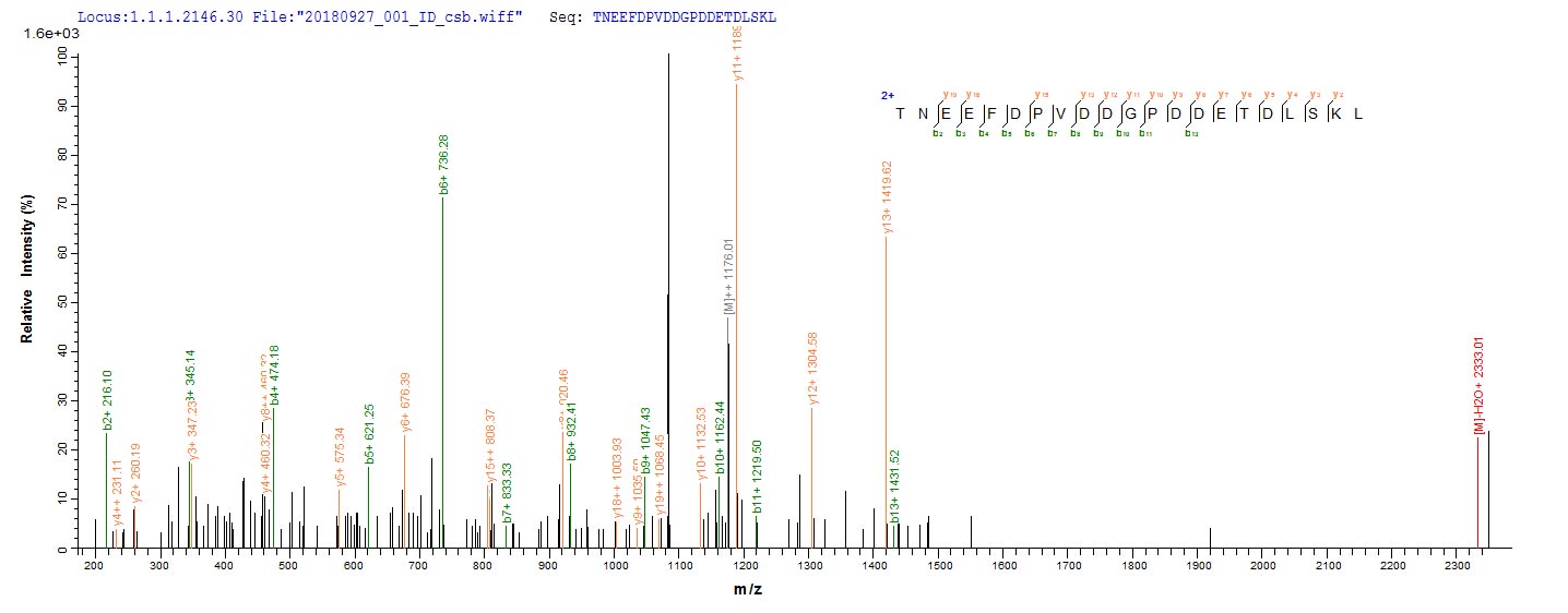 Based on the SEQUEST from database of Yeast host and target protein, the LC-MS/MS Analysis result of RPC27387 could indicate that this peptide derived from Yeast-expressed Vaccinia virus (strain Western Reserve) (VACV) (Vaccinia virus (strain WR)) PS/HR.