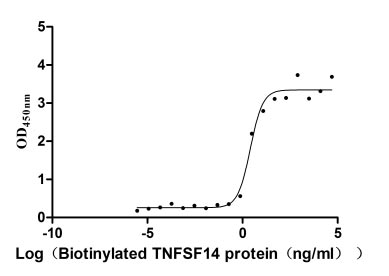 Measured by its binding ability in a functional ELISA. Immobilized human TNFRSF14 at 5 μg/ml can bind Biotinylated human TNFSF14, the EC50 is 1.773-3.707 ng/ml.