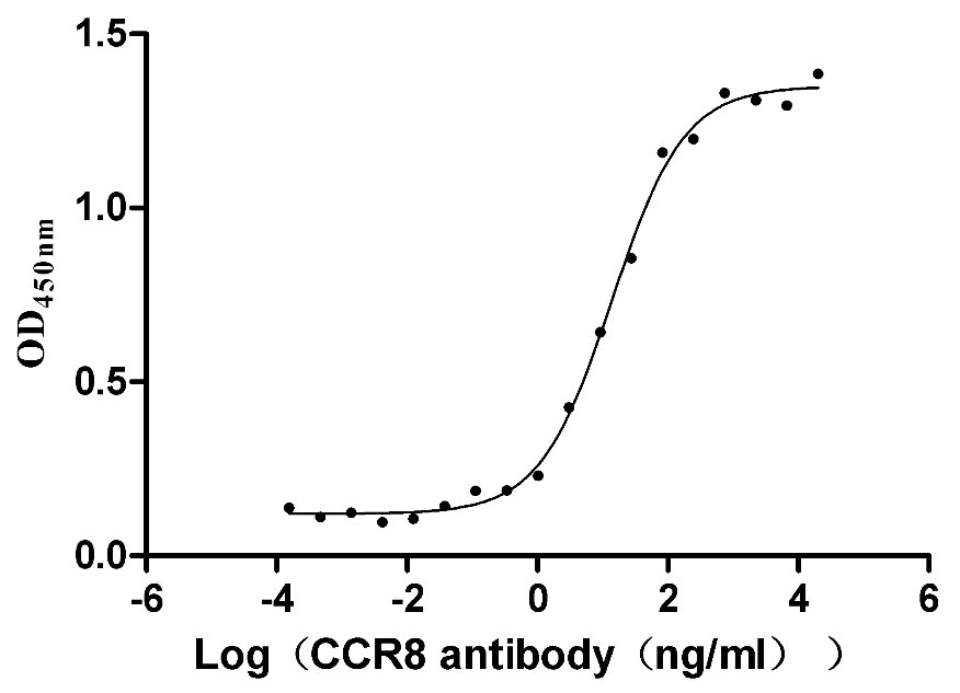 Measured by its binding ability in a functional ELISA. Immobilized human CCR8 at 5 μg/ml can bind Anti-CCR8 recombinant Antibody, the the EC50 is 11.13-17.29 ng/ml.